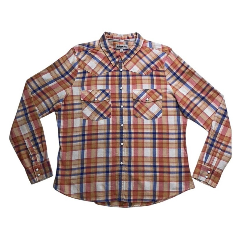 Rank 45 Womens XL Western Pearl Snap Shirt Plaid Cotton Long‎ Sleeve Orange Blue